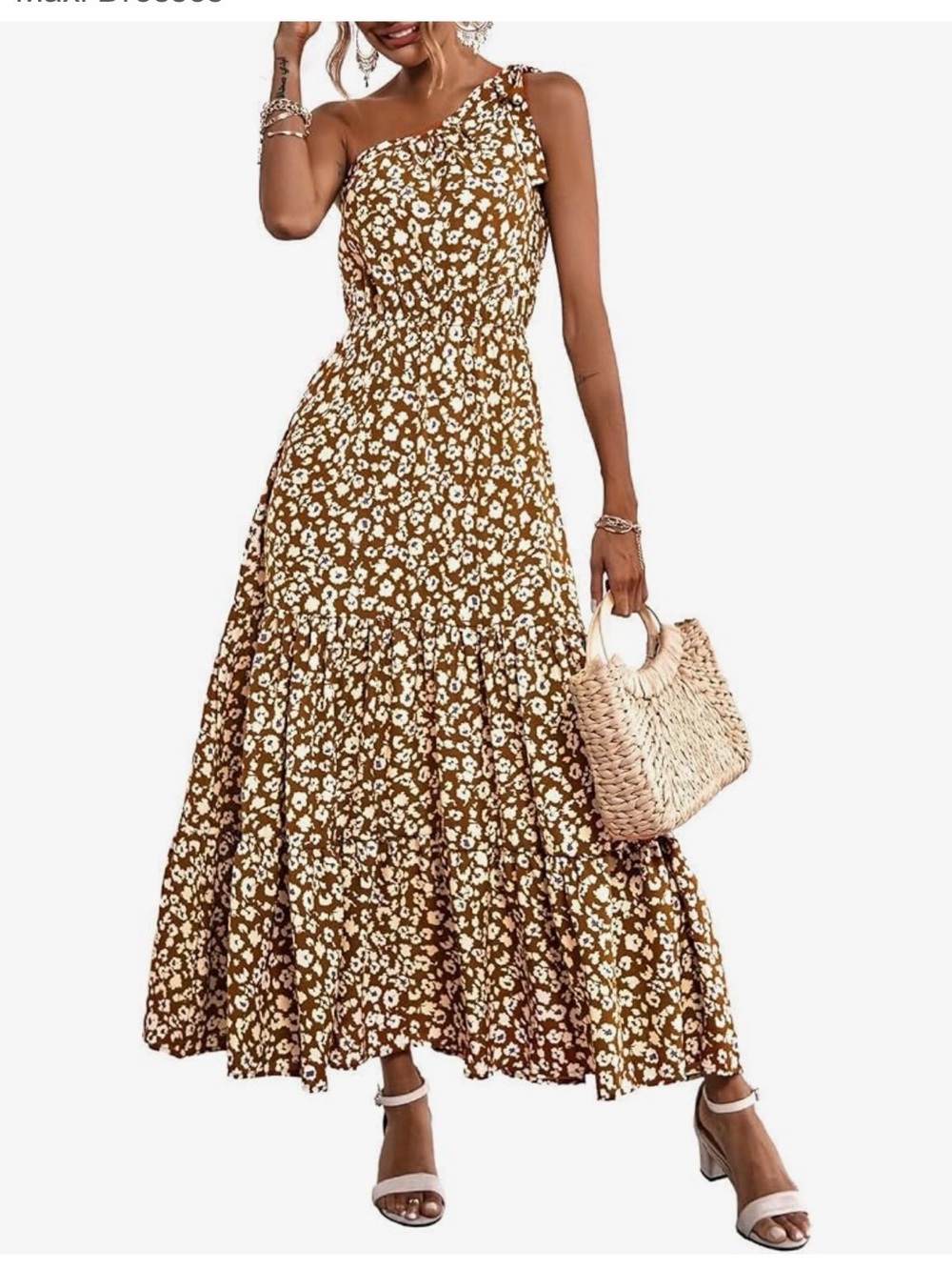 One-Shoulder Floral Maxi Dress in Brown
